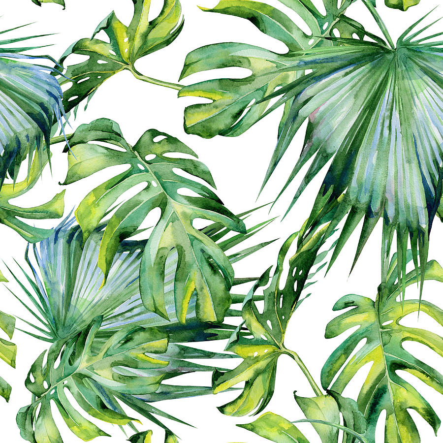 Seamless watercolor illustration of tropical leaves, dense jungle. #4 Drawing by Annaveroniq