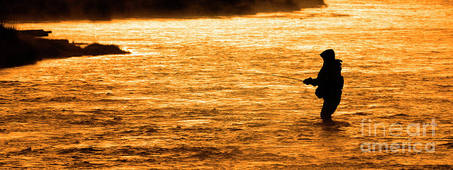Silhouette of Man Flyfishing Fishing in River Golden Sunlight #4 Photograph by Lane Erickson