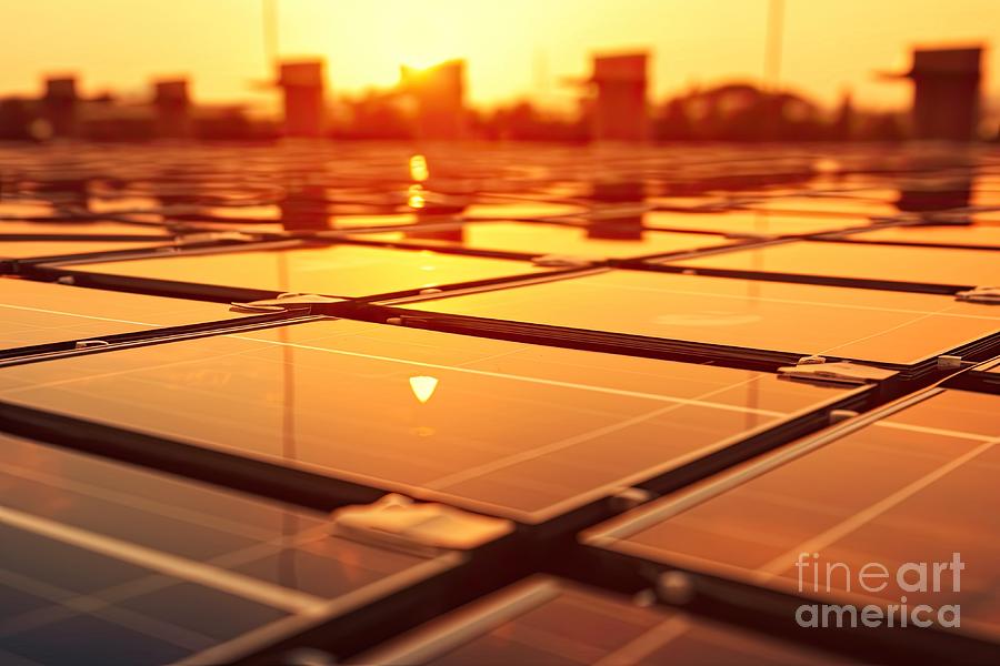 Solar Panels In Prospective View At Sunset #4 Digital Art by Benny Marty