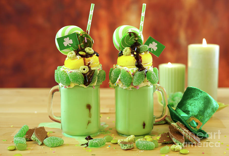 St Patricks Day on-trend holiday freak shakes with candy and lollipops. #4 Photograph by Milleflore Images