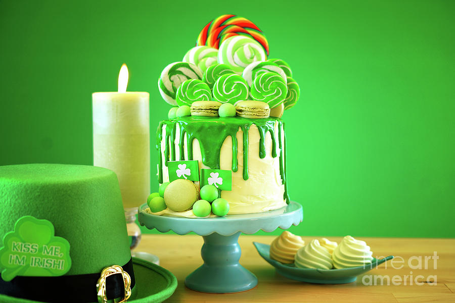 Cake Photograph - St Patricks Day theme lollipop candy land drip cake. #4 by Milleflore Images