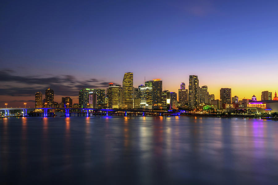 Sunset above Downtown Miami Skyline and Biscayne Bay Photograph by ...