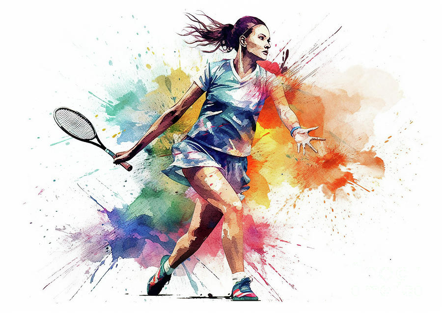 Tennis player in action during colorful paint splash. #4 Digital Art by Odon Czintos
