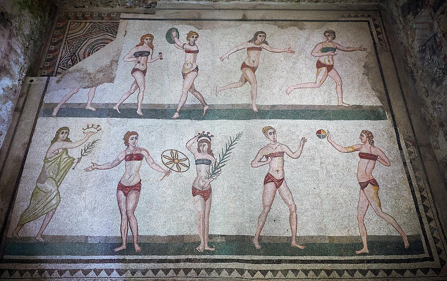 The Bikini Girls Roman mosaic - Villa Romana del Casale Sicily Photograph by Paul E Williams