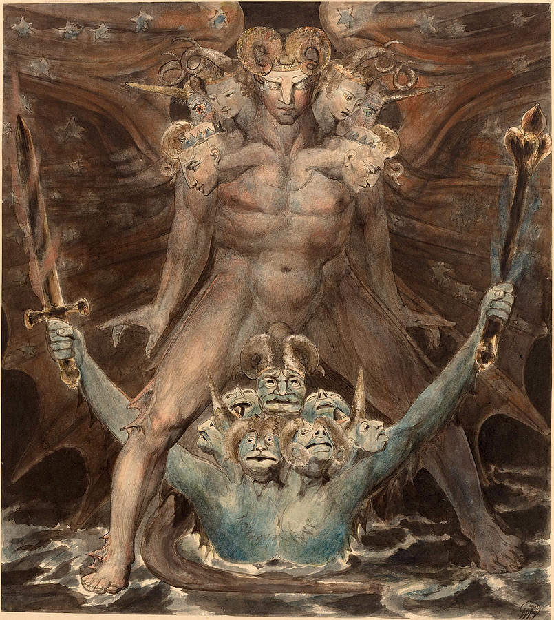 The Great Red Dragon and the Beast from the Sea Drawing by William Blake