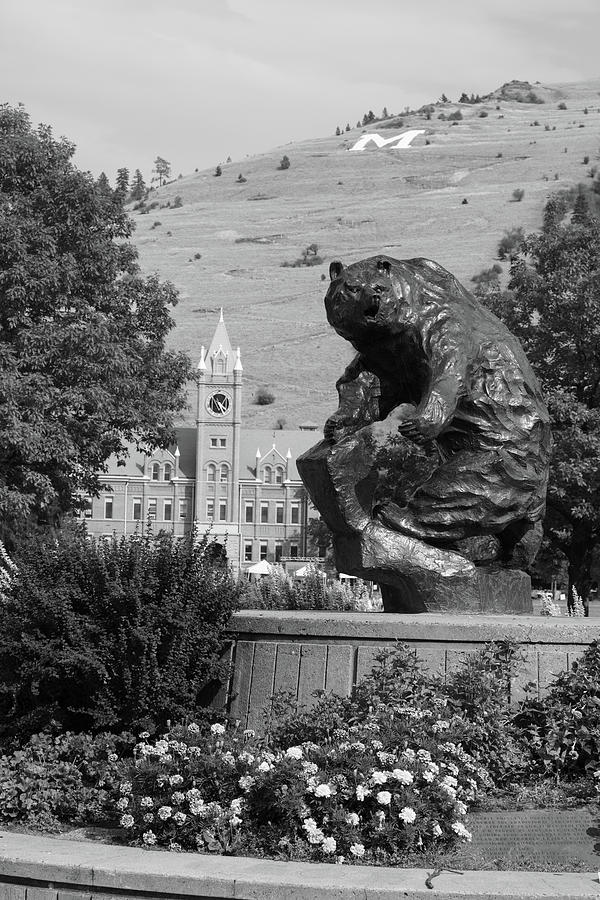 The Grizzly statue at the University of Montana - Grand Griz in black and white #4 Photograph by Eldon McGraw