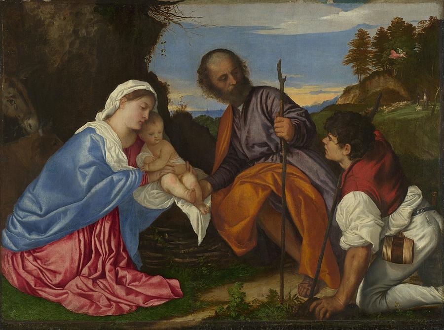 Titian Painting - The Holy Family with a Shepherd #5 by Titian