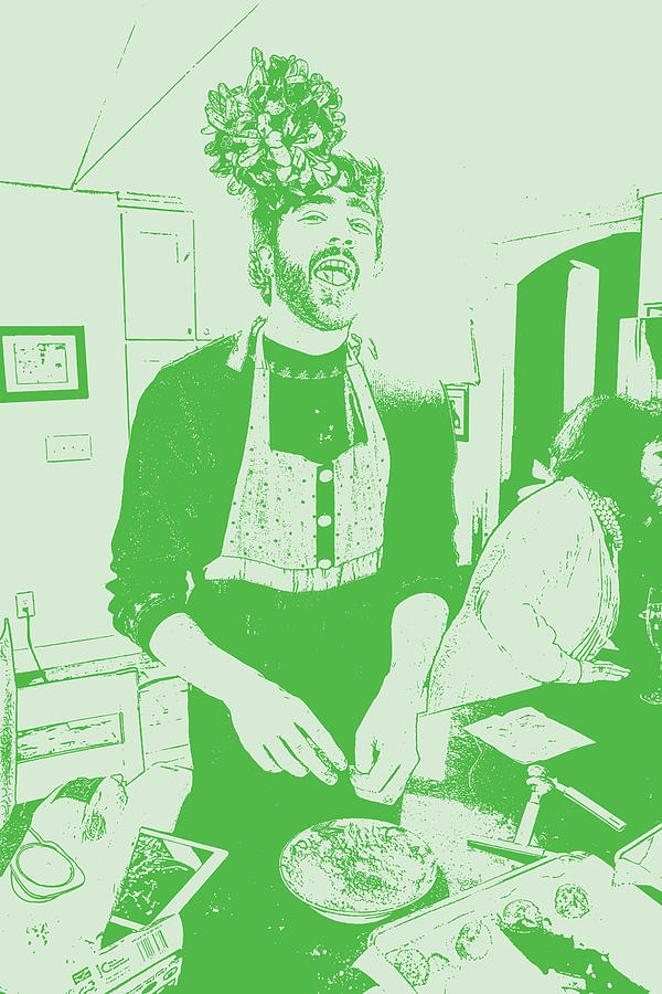 Transgender man baking cookies and wearing Mistletoe headband #4 Drawing by GeorgePeters
