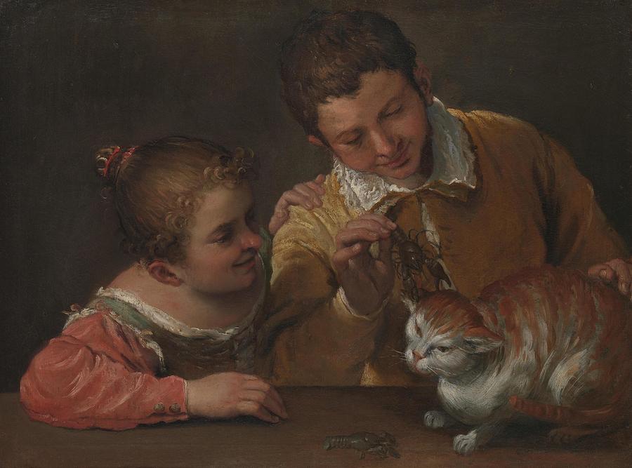 Still Life Drawing - Two Children Teasing a Cat #4 by Annibale Carracci