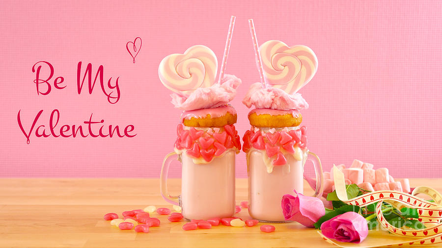 Valentines Day freak shakes with heart shaped lollipops and donuts. #4 Photograph by Milleflore Images