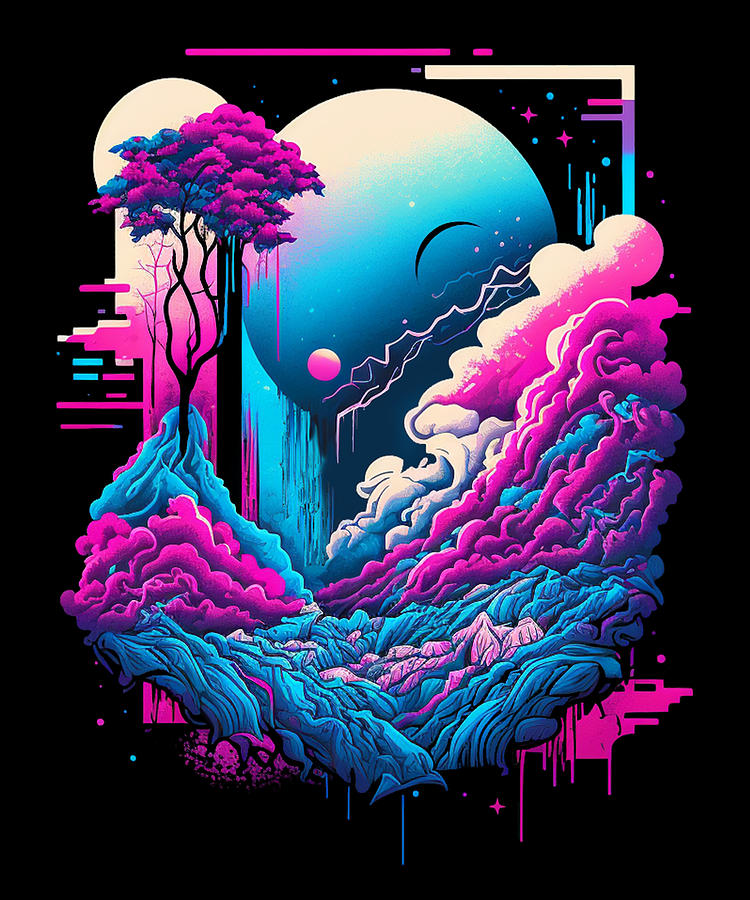 Vaporwave Abstract Landscape Moon Tree Waterfall Blue Purple Digital