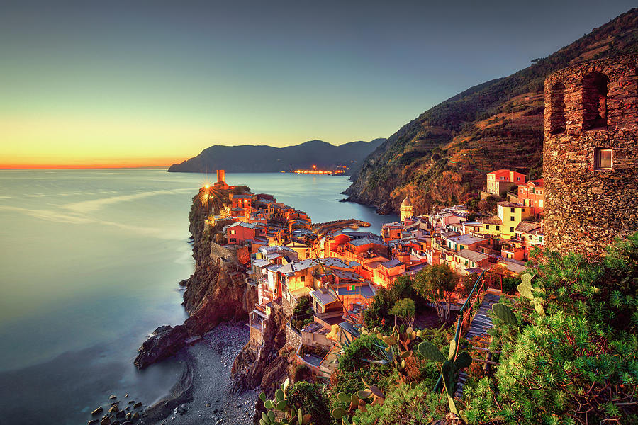 Vernazza village, aerial view at sunset. Cinque Terre, Italy Photograph by Stefano Orazzini