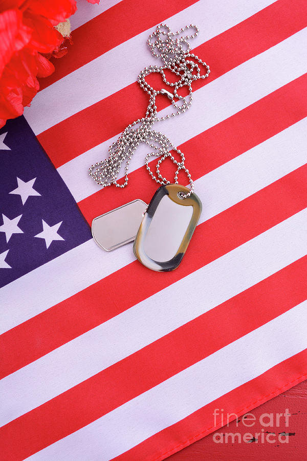 Veterans Day USA Flag with dog tags #4 Photograph by Milleflore Images