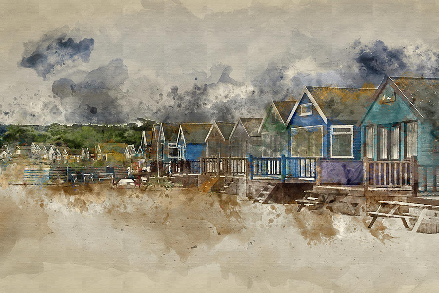 Summer Digital Art - Watercolor painting of Lovely beach huts on sand dunes and beach #4 by Matthew Gibson