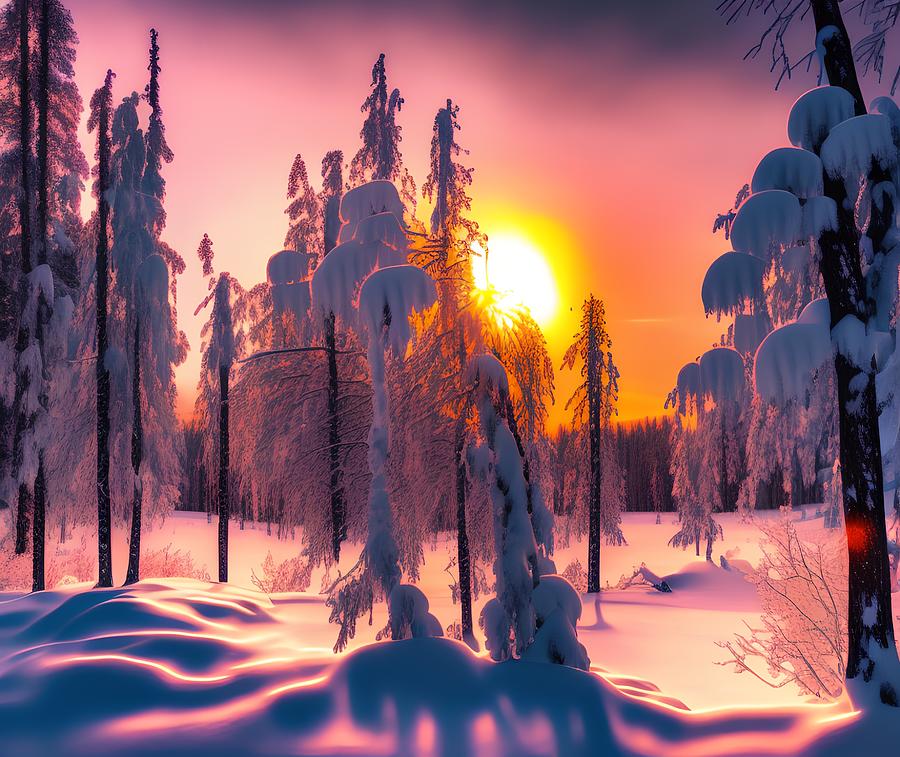 Winter Sunset, Generative Ai Illustration Digital Art By Miroslav 