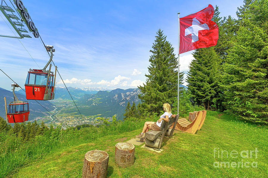 woman on Brambruesch top of Swiss cable car #4 Photograph by Benny Marty