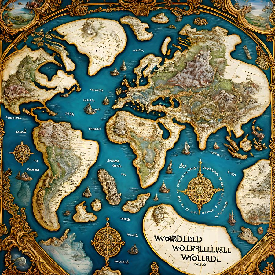 Worldbuilding World Map, Generative AI Illustration Digital Art by 