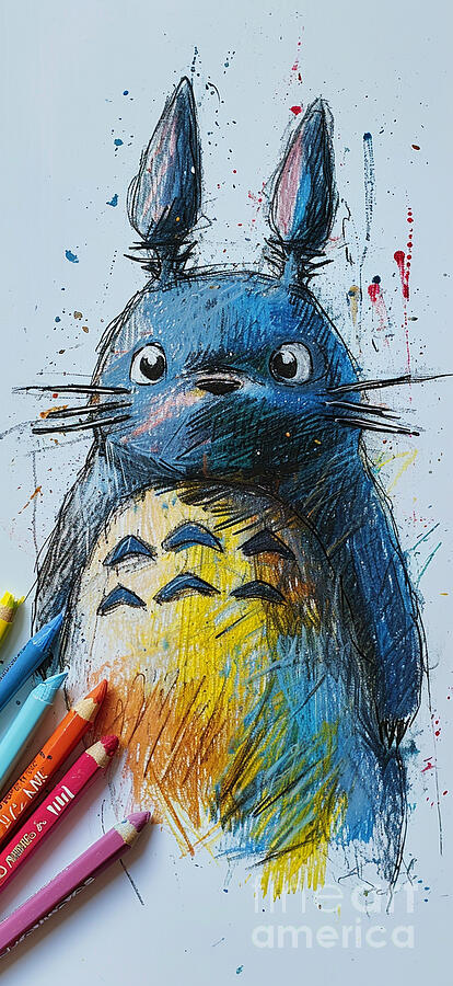Totoro Painting - 4 year olds basic scribbly outline colourful cr Asar Studios by Celestial Images