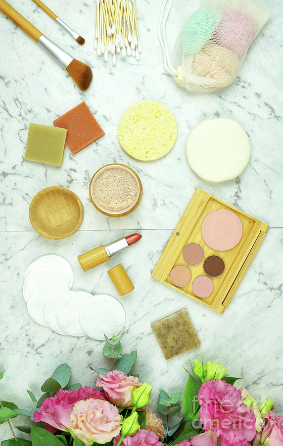 Brush Photograph - Zero-waste, plastic-free beauty and makeup products flatlay overhead. #4 by Milleflore Images