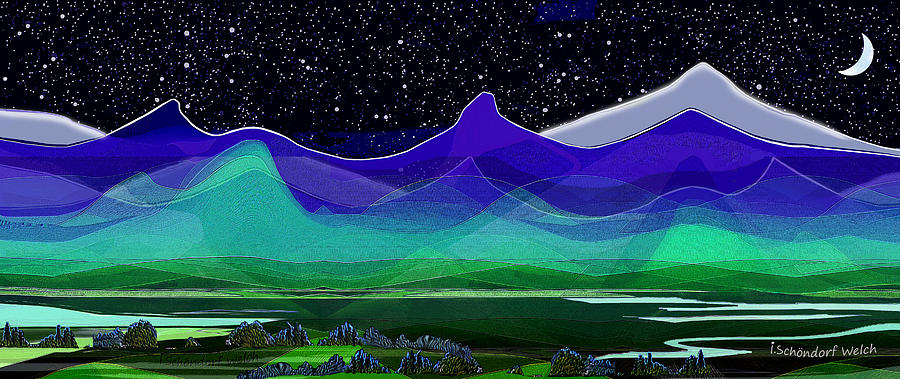 415 D - Landscape with Meadows and  Mountains  Digital Art by Irmgard Schoendorf Welch