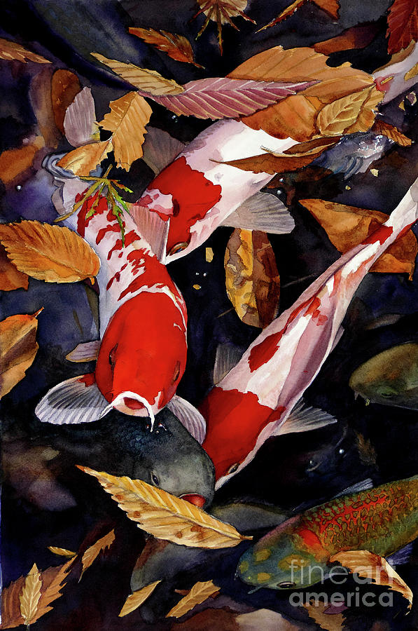 #417 Koi and Leaves #417 Painting by William Lum