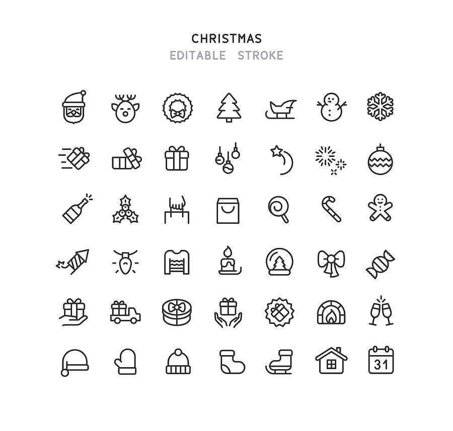 42 Christmas Line Icons Editable Stroke Drawing by Bounward