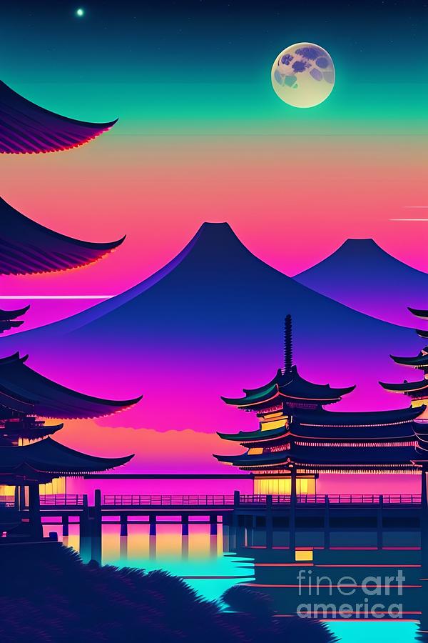 Synthwave japanese town with moon background Digital Art by Boon Mee ...