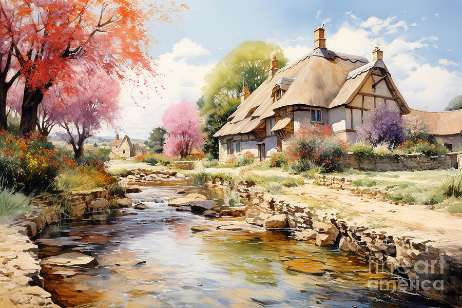 4d watercolour sketch of a thatched Cotswolds by Asar Studios Painting by Celestial Images