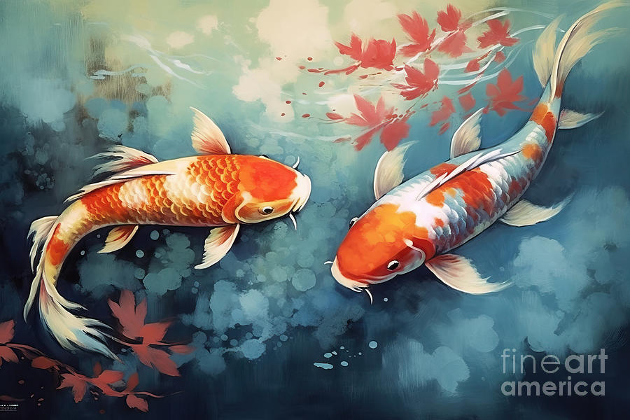 Fish Painting - 4K resolution or higher, koi fish decorate in water color textur by N Akkash