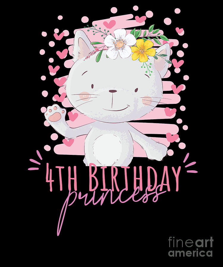 4th Birthday Princess Girl 4 Years Old Cat Lover Bday Graphic Digital 