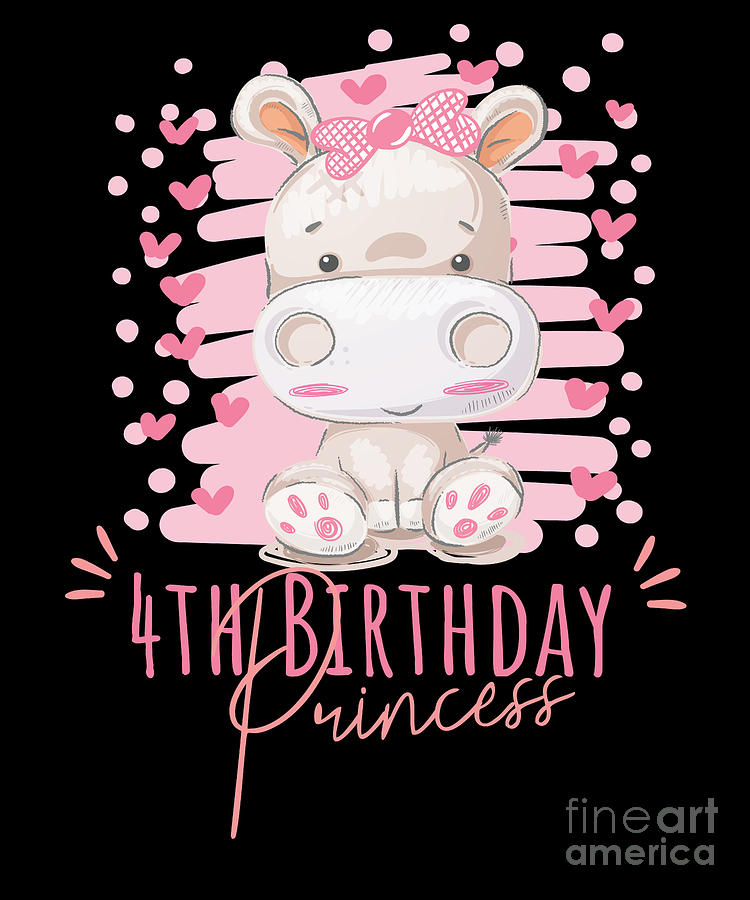 4th Birthday Princess Girl 4 Years Old Hippo Lover BDay graphic Digital ...