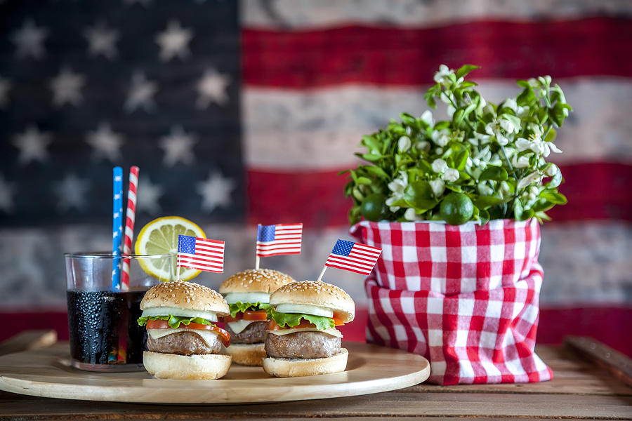4th July, cheeseburgers & background American flag Photograph by Maika 777