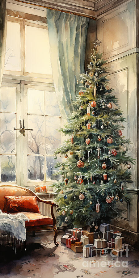 3d watercolor painting living room with christm by Asar Studios #5 Painting by Celestial Images