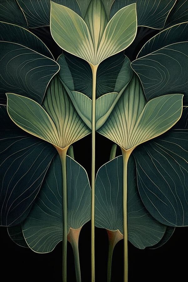 a green leaf pattern is displayed on dark backg by Asar Studios #5 Painting by Asar Studios
