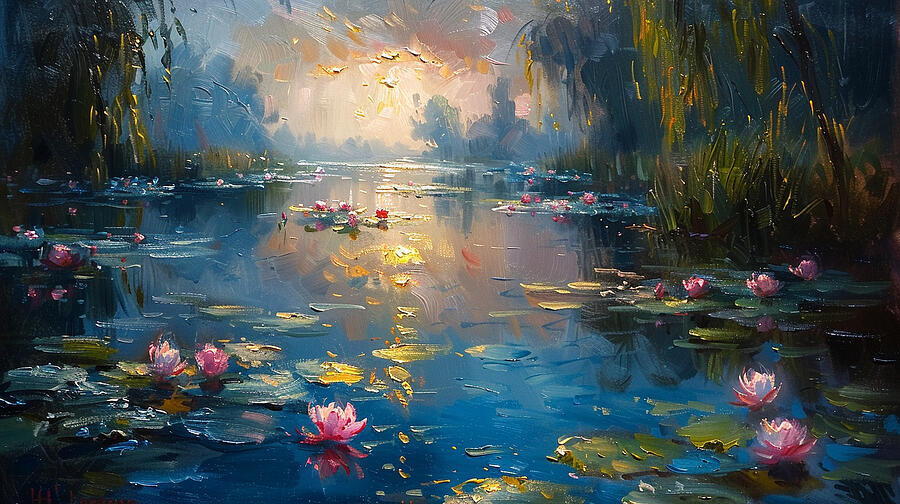 Sunset Digital Art - A serene morn ng scene by a l ly pond captur ng 2aa34ae5-dd77-4c58-8fba-84a0950f86c7 #5 by Romed Roni