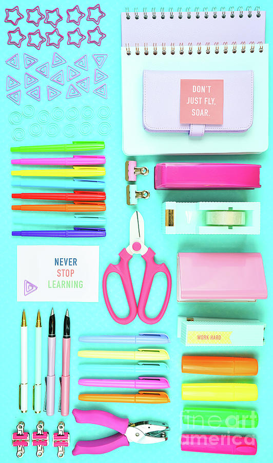 Back to school or workspace colorful stationery overhead flatlay. #5 Photograph by Milleflore Images