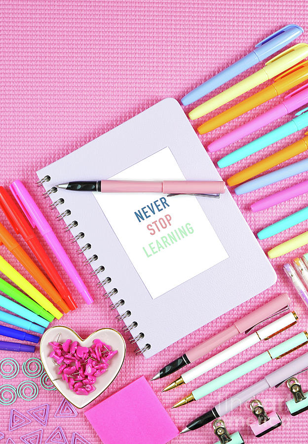 Back to school or workspace colorful stationery overhead on pink background. #5 Photograph by Milleflore Images