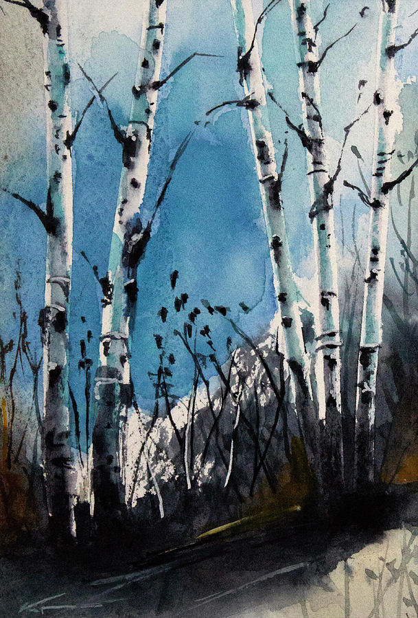 5 Birch Trees On Hillside Painting