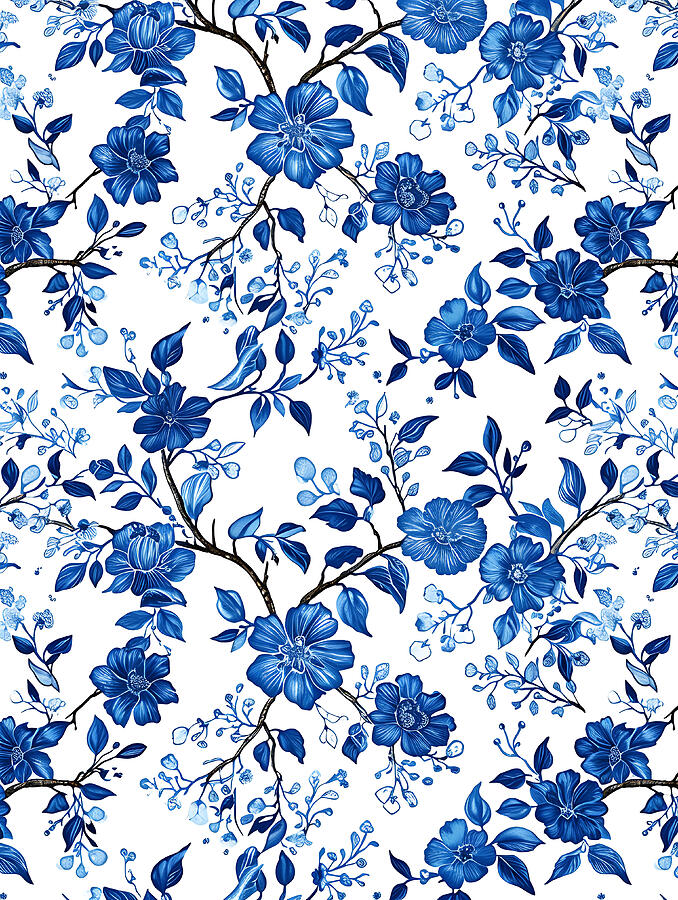 Seamless Pattern Digital Art - Blue And White Floral Pattern #5 by Benameur Benyahia