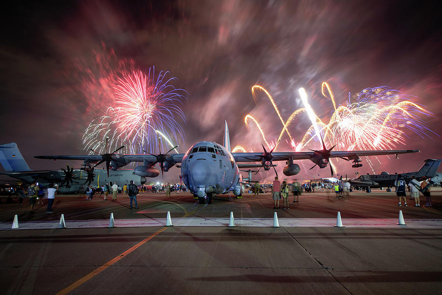 Airplane Photograph - C130 with fireworks #5 by Keith Homan