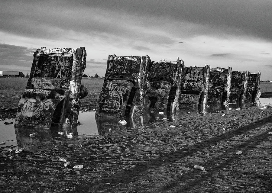 Cadillac Ranch on Historic Route 66 in Amarillo Texas in black and white #5 Photograph by Eldon McGraw