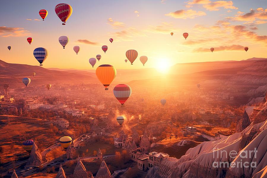 Cappadocia air balloons flying at sunset in Turkey #5 Digital Art by Benny Marty