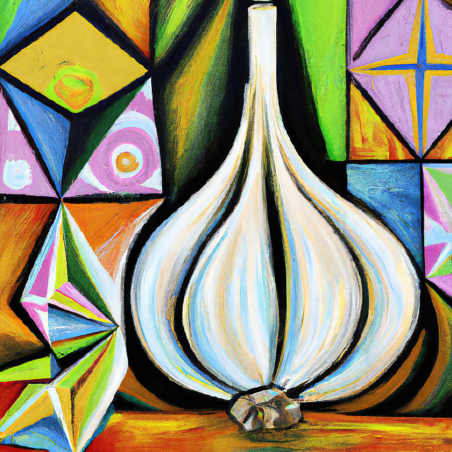 Abstract Painting - Colorful Garlic Clove - Funky Vegetables Abstract #5 by StellArt Studio