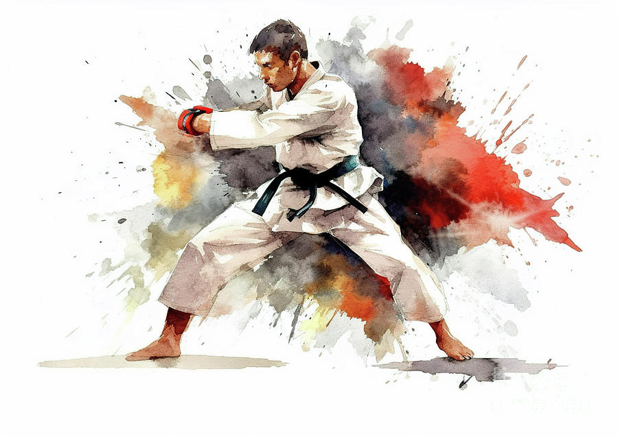 Colorful paint splashes during martial artist action. #5 Digital Art by Odon Czintos