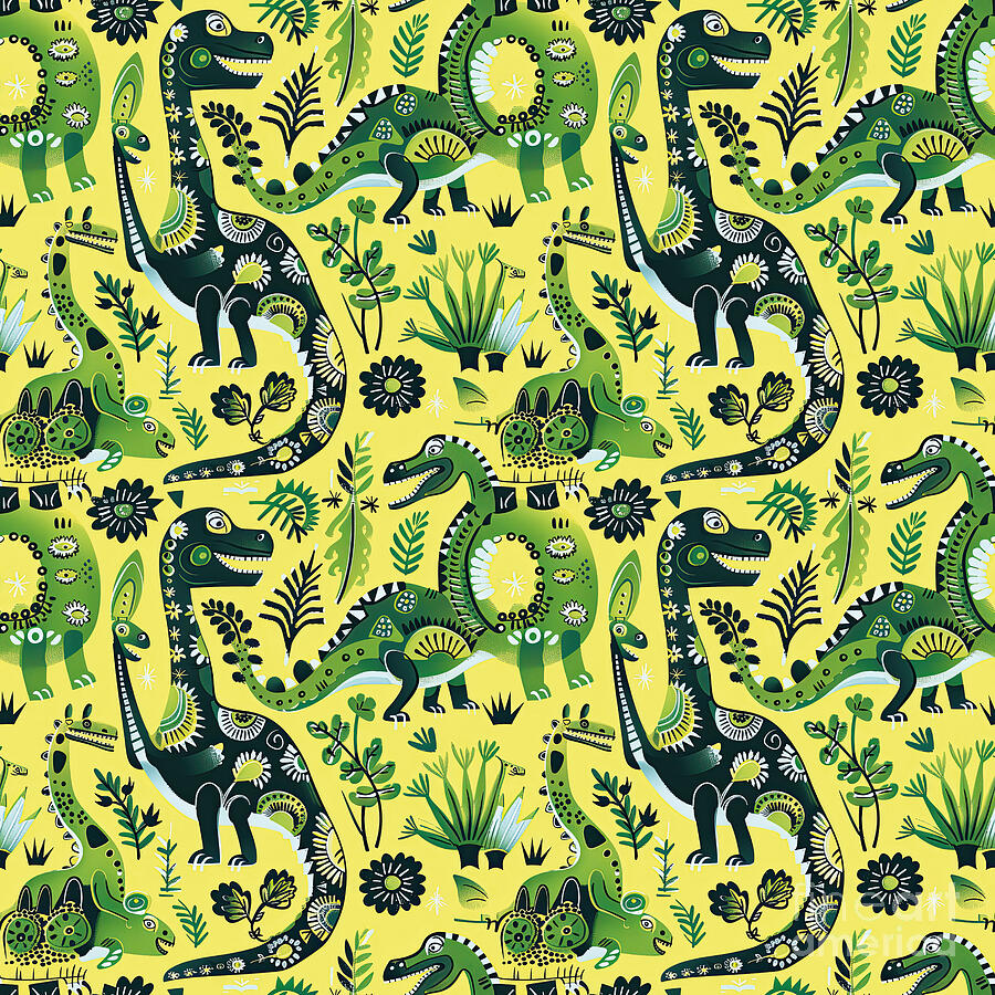 Dinosaur Digital Art - Delightful Dinosaurs in Enchanted Garden Pattern #5 by Lauren Blessinger