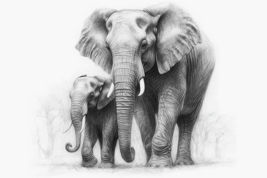 Elephant and calf graphite drawing Drawing by David Mohn - Fine Art America