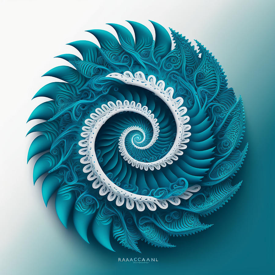 Fibonacci Sequence Spiral in Turquoise Blue White Drawing by RAGANA ...