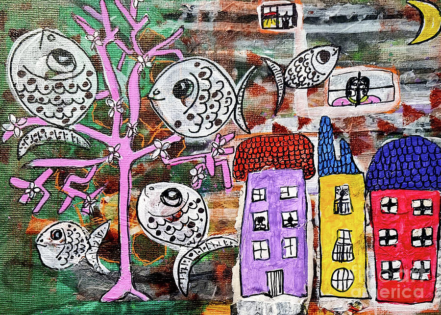 5 Happy Fish Swimming to Town Mixed Media by Mimulux Patricia No
