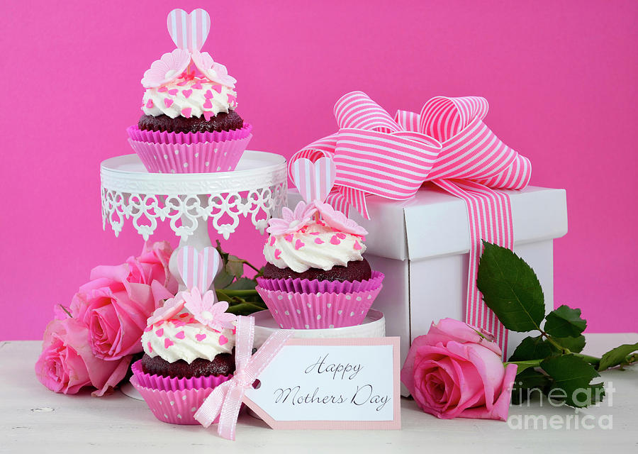 Happy Mothers Day pink and white cupcakes. #5 Photograph by Milleflore Images