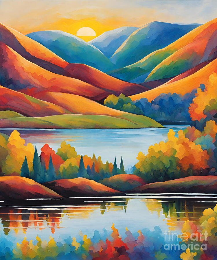 Sunset Painting - Hills and Lake painting #5 by Naveen Sharma